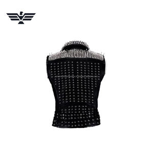 Mens Black Studded <b>Punk</b> Leather Vest Spikes Rhinestone Embellishments Anti-UV Protection 300g Heavyweight Full Sleeve All - Product Image 5