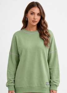 Sweat-shirt à col rond vert sauge pour femme, pull à épaules tombantes, manches longues, haut décontracté - Product Image 1