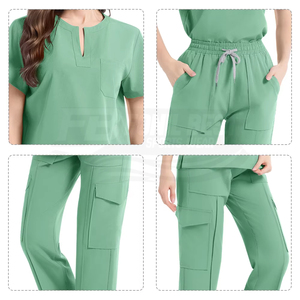 Ensemble de blouses médicales pour femmes, col en V, manches courtes, avec poches, vert, coton et polyester, uniformes d'hôpital, design personnalisé - Product Image 4