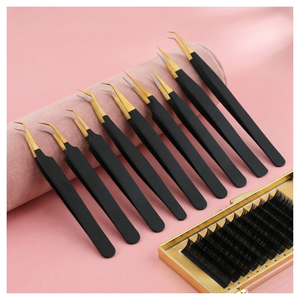Pince à cils à pointe en fibre, pince à cils à pointe dorée avec Nano Grip Volume, kit professionnel de pincettes pour extensions de cils noir et or - Product Image 1