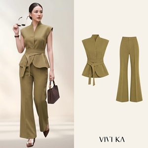 Ensemble pantalon deux pièces uni pour femme, tenue de bureau, haut à manches courtes ceinturé et pantalon évasé en spandex extensible, boutonné, OEM ODM NELLY - Product Image 1