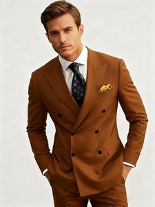 Traje de Negocios para Hombre, Color Marrón, Cierre de un Botón, Tela de Pana Transpirable, Cuello Mao, Frente Plano, Antiarrugas, Estilo Británico, Corte Regular - Product Image 1