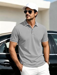 Men's Gray Short Sleeve Polo Shirt Solid Color Pique Knitted Casual Breathable Regular Fit - Product Image 2