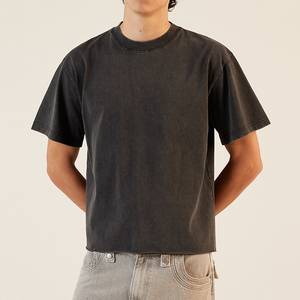 Camisetas Oversize de Punto para Hombre, Estilo Vintage, Negras Lavadas, con Dobladillo sin Rematar, Lisas, para Streetwear, Venta al por Mayor con Logotipo Personalizado - Product Image 1