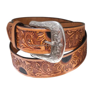 Many Designs Custom Made Floral Embossed <b>Hand</b> Carved Unisex Western Leather Tooling Belt with <b>Bras</b> Buckle Set - Product Image 2