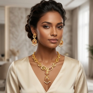 Conjunto de collar rojo Jadaau chapado en oro sobre latón, estilo indio, para mujer, tradicional, étnico, calidad de exportación, regalo para fiesta en Rajasthan - Product Image 2