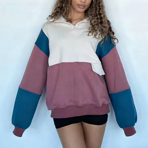 Sweat-shirt oversize color block pour femme, col rond, manches tombantes, en mélange de coton tricoté respirant, décontracté, pour l'automne - Product Image 1