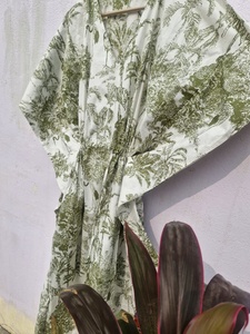 Women Green Tropical Print Cotton <b>Kaftan</b> <b>Summer</b> Dress Boho Maxi Midi Beach Dress Loose Fit Resort Wear Holiday Dress - Product Image 3