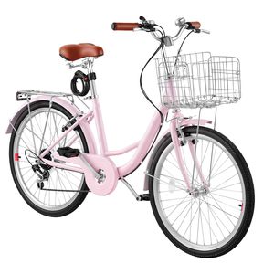 Vélo de plage pour femmes de 24 pouces, 7 vitesses, vélo de ville pour adultes, cadre en acier au carbone, capacité de 330 lb, fourche en aluminium, panier et porte-bagages arrière - Product Image 1