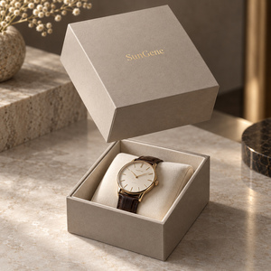 Caja de Regalo para Reloj SunGene Greige Lift Off Lid con Cojín y Lámina Dorada - Product Image 1