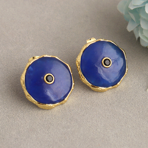 designer blue jade round <b>stud</b> <b>earrings</b> with <b>black</b> cubic zirconia gold plated textured brass modern statement jewelry for women - Product Image 3
