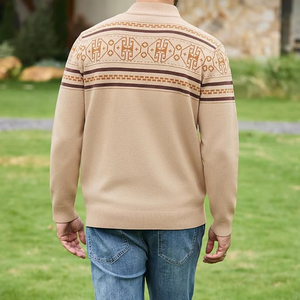 Top Trending Knitted Zipper <b>Cardigan</b> Geometric Pattern Full Sleeve Autumn Sweater <b>Beige</b> Color Casual Wear Travel Weekend Outfits - Product Image 2