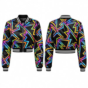 Chaqueta Bomber con Estampado Geométrico para Mujer, Ropa de Otoño, Manga Larga, Cierre de Cremallera, Cuello Camisero, Material de Poliéster, Corte Corto - Product Image 1