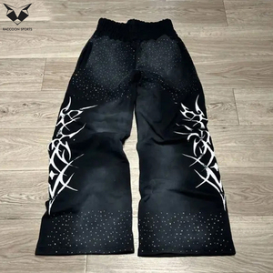 Street Wear High Waist Rhinestone Acid Washed Printing Men Wear Vintage Sun Faded Plus Size Baggy <b>Jogger</b> <b>Stacked</b> Flare Trousers - Product Image 2