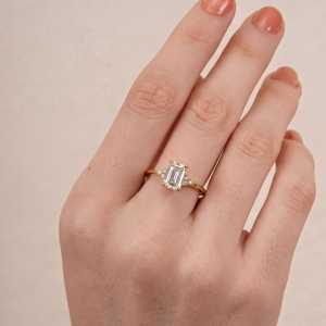 Solid Gold Emerald Cut Diamond <b>Ring</b> with Marquise and Round Diamonds Three Stone Lab Grown <b>Ring</b> Minimalist <b>Dainty</b> Stacking <b>Ring</b> - Product Image 6