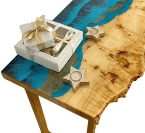 Table console en résine époxy Blue River, bois naturel à bords bruts, table d'entrée, meuble de couloir moderne fait main, table d'appoint en bois naturel - Product Image 3