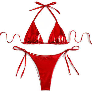 Women's Metallic Green Triangle <b>Bikini</b> Set Tie Side Bottom Halter <b>String</b> Swimwear Stretch Two Piece Bathing Suit - Product Image 3