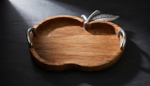 Plateau de service en bois de manguier finition naturelle en forme de pomme, plateau décoratif en bois avec poignée en feuille d'argent - Product Image 2