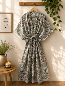 Premium Cotton Maxi <b>Kaftan</b> Dress Women | V-neck Batwing Sleeves | Eco-Friendly Printed Floral | Resort <b>Beach</b> Holiday Wear | - Product Image 4