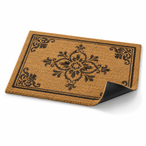 Alfombrillas de fibra de coco modernas hechas a mano de La India, alfombrillas tejidas blanqueadas impresas con respaldo de PVC, alfombrilla duradera y lavable para exteriores - Product Image 1