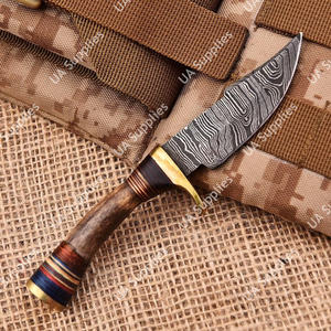 Cuchillo EDC de Camping Personalizable con Mango de Cuerno de Ciervo, Bolster de Latón/Madera Pakka y Acero de Damasco, Soporte OEM/ODM, Punta de Gota, Venta al por Mayor - Product Image 3