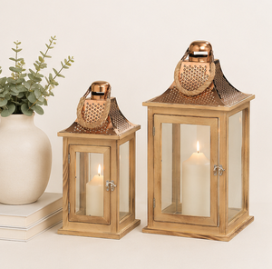 Handcrafted Rustic Wooden Candle Lantern with Copper Finish Metal Roof and Hemp <b>Rope</b> Handle Decorative Vintage Lantern - Product Image 2