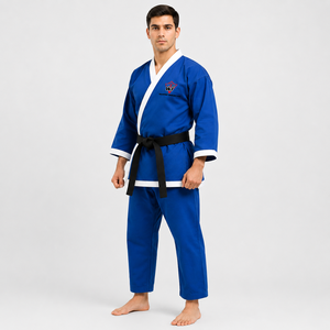 Kimono de karaté bleu avec bordure blanche pour homme adulte, uniforme d'arts martiaux en coton épais avec ceinture noire, tenue d'entraînement durable - Product Image 3