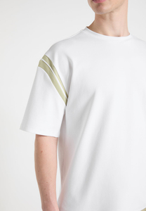 Camiseta Blanca de Manga Corta para Hombre con Ribete en Contraste, Corte Regular, Cuello Redondo, Tejido de Punto Jersey, Algodón - Product Image 3