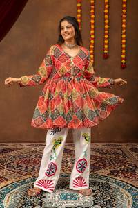 Women Navratri Special Printed Faux Georgette Denim & Gota Lace Kediya Cotton Embroidery Work Real Mirror Work Party All Seasons - Product Image 1