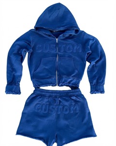 Ensemble de shorts en molleton 2 pièces personnalisés avec motif en relief pour femmes, bleu, décontracté, manches longues, longueur genou, coupe régulière, 100% coton, doublure thermique, automne - Product Image 1