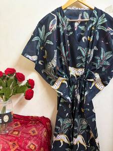 Women Black Floral Print Cotton <b>Kaftan</b> Dress | V-neck Batwing Sleeve Maxi Safari <b>Beach</b> Cover-Up Boho Resort Wear Free Size - Product Image 2