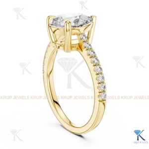 Lab Grown Diamond Pear Cut Engagement Ring Pave Band 3 Prong Setting Yellow Gold IGI Certified Unisex Bridal Jewelry Anniversary - Product Image 6