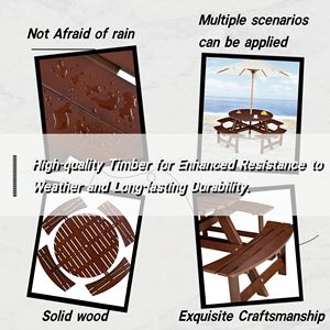 Outdoor 6-Person <b>Round</b> Picnic <b>Table</b> with 3 Built-In Benches Umbrella Hole <b>Garden</b> <b>Table</b> Bench Set for Picnics - Product Image 5