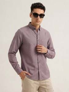 Chemise en lin à manches longues boutonnée pour homme, couleur unie, tissu tissé décontracté, style printemps, lavande - Product Image 1