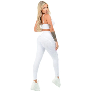 Ensemble de yoga 2 pièces blanc : Haut côtelé dos nageur à découpes et Legging taille haute sans couture extensible en Spandex/Nylon, motif léopard ou couleur unie - Product Image 2
