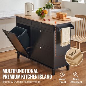 Carrito de Cocina con Cubierta de Madera de 50 Pulgadas, con Contenedor de Basura de 10 Galones, Barra de Desayuno y Mesa de Comedor Estilo Rústico para Sala de Estar - Product Image 6