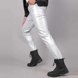 Pantalones Plateados con Recubrimiento de PU para Hombre, Cintura Alta, Corte Recto, con Cinturón, Estilo Casual para Otoño - Product Image 4