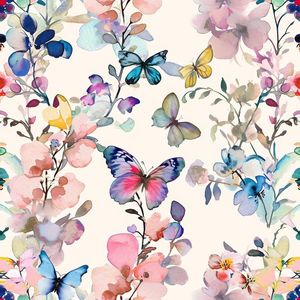 Carta da Parati Botanica con Farfalle Fatate Rosa/Viola, Carta Adesiva Gialla e Blu Stile Vintage - Product Image 1