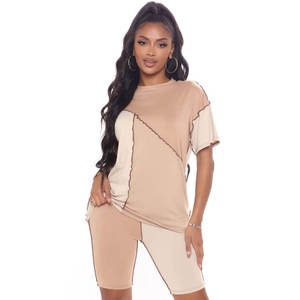 Latest Design Fashion OEM Summer <b>T</b> Shirt Short Sets Casual Solid Color Women Two Piece Tracksuit Lace Button Vintage 100 percent - Product Image 1