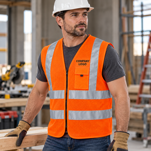 Chaleco de Seguridad Naranja con Malla, Franjas Reflectantes y Cierre de Cremallera, Diseño de Bolsillo con Logotipo Personalizado, Ropa de Trabajo - Product Image 2