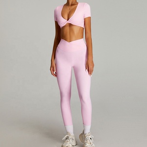 Custom Pink 2 Piece Yoga Set Seamless <b>Crop</b> <b>Top</b> High Waist Full Length Pants Spaghetti Strap Solid Color Sportwear - Product Image 4