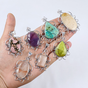 Venta al por Mayor de Colgantes de Piedras Preciosas Naturales Mixtas BISMILLAH GEMS, Filigrana Intrincada, Estilo BOHEMIA, Forma de Paz, Chapado en Plata de Ley 925 - Product Image 5