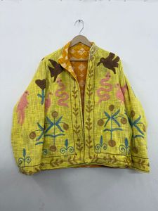 Twin Feet Bohemian Floral Green Embroidered Cotton TNT Suzani <b>Jacket</b> <b>Mandarin</b> <b>Collar</b> Handmade Ethnic Winter Wear Windproof Thick - Product Image 1