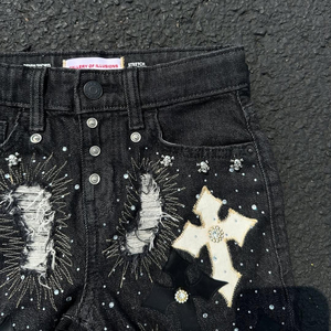 <b>Men</b> Gothic Ripped Denim <b>Shorts</b> With Cross <b>Patches</b> And Rhinestones Mid Waist Button Fly Streetwear Style - Product Image 3