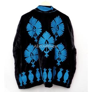 Handmade Soft <b>Velvet</b> Bohemian Floral Pattern Eco-Friendly Quick Dry <b>Women's</b> <b>Jacket</b> with Embroidery and Stripe - Product Image 6