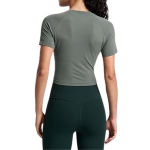 Wholesale Olive Green Slim Fit Women Yoga Crop Tops Nylon Spandex Body Sculpting High Quality Gym Tops - Product Image 2