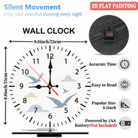 Horloge murale en bois style nordique minimaliste, cadran rond blanc, motif oiseaux en vol bleu brume, silencieuse, décoration intérieure