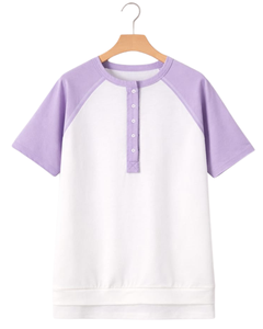 Women White Lavender Raglan Sleeve Henley T Shirt Cotton Blend Casual Short Sleeve Summer <b>Top</b> Trendy Minimalist Soft Tee Wear - Product Image 1