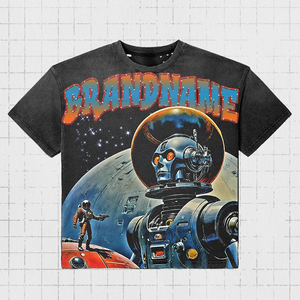 Brandname <b>Men's</b> Vintage Space Robot Print Short Sleeve Cotton T-Shirt O-Neck Regular Fit Jersey Style - Product Image 1