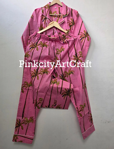 Vibrant Pink Flock Print Palm Tree Pure Cotton Summer Night Suit for Women Elegant Two-Piece Collared Pajama Set - Product Image 5
